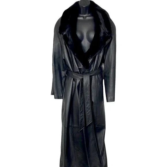 Lord & Taylor Black Vintage Long Suede Leather Coat W/Faux Fur Collar Size M